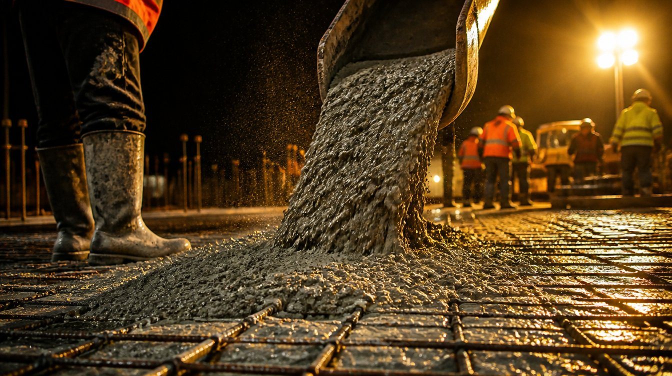 Concrete being placed over reinforcement mesh during a night pour